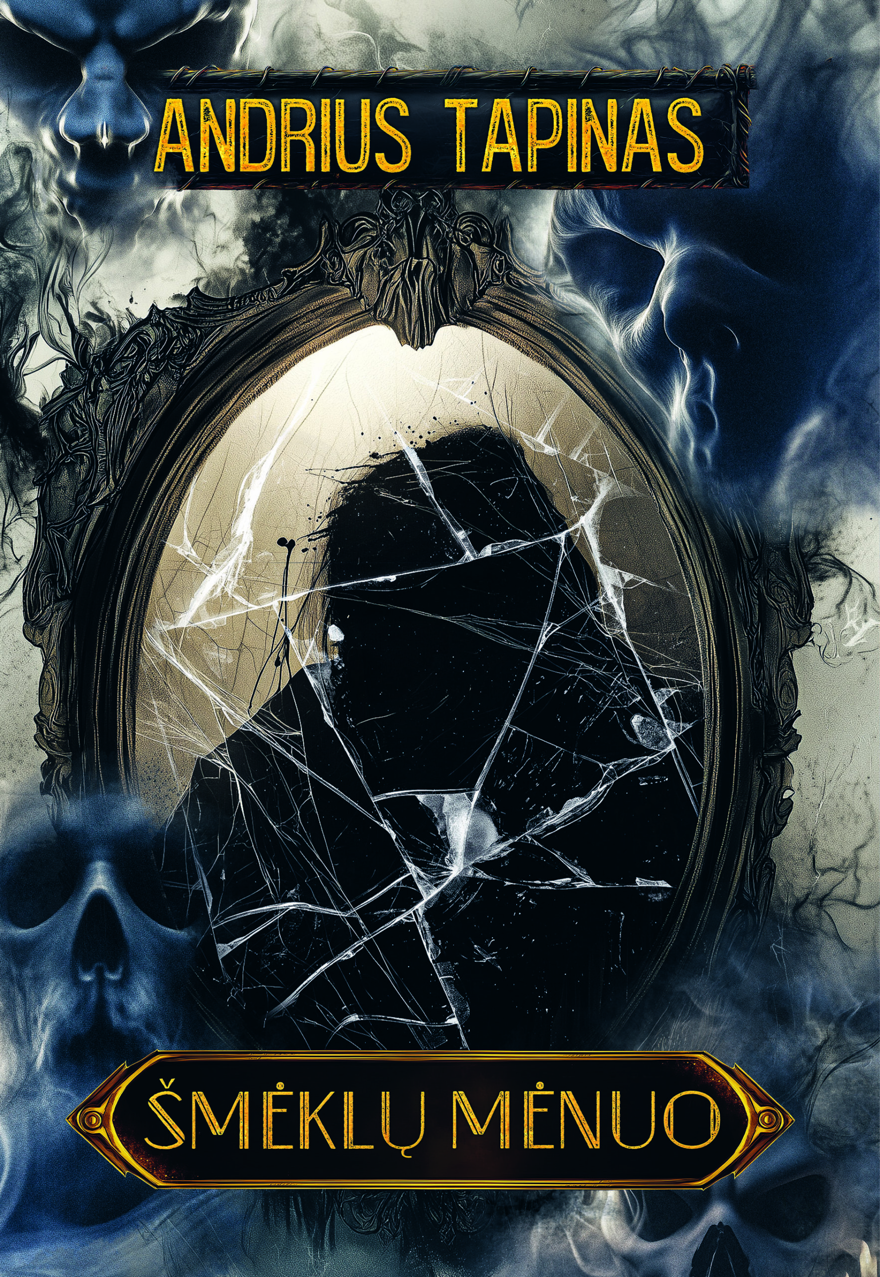 Andrius Tapinas. Knygos „Šmėklų mėnuo“ viršelis. Tamsus viršelis su stilizuotu mėnulio atvaizdu ir autoriaus pavarde.